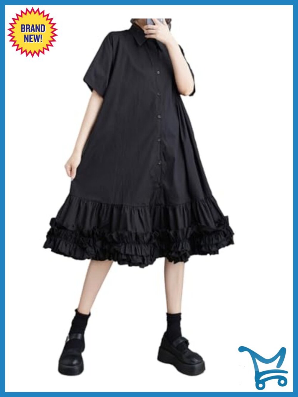 Women's Cotton Blend Oversized Button Down Shirt Dress with Ruffled Hem